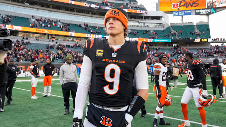 Cincinnati Bengals quarterback Joe Burrow (9) looks for hands to shake after the fourth quarter of the NFL Week 18 game between the Cincinnati Bengals and the Cleveland Browns at Paycor Stadium in Downtown Cincinnati on Sunday, Jan. 4, 2026. The Browns kicked a last second field goal to win 20-18.