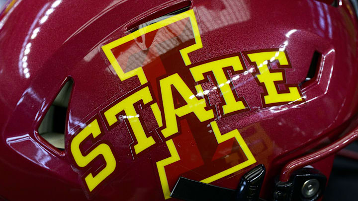 Jul 14, 2022; Arlington, TX, USA; A view of the Iowa State Cyclones helmet logo during the Big 12 Media Day at AT&T Stadium. 