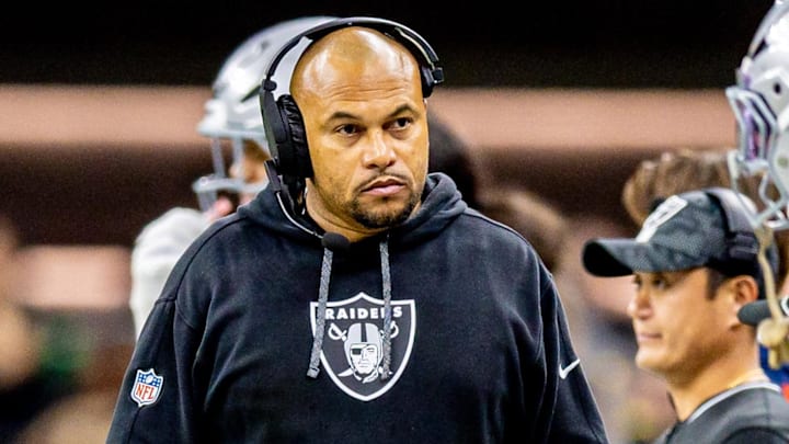 Dec 29, 2024; New Orleans, Louisiana, USA;  Las Vegas Raiders head coach Antonio Pierce looks on against the New Orleans Saints  during the second half at Caesars Superdome. Mandatory Credit: Stephen Lew-Imagn Images