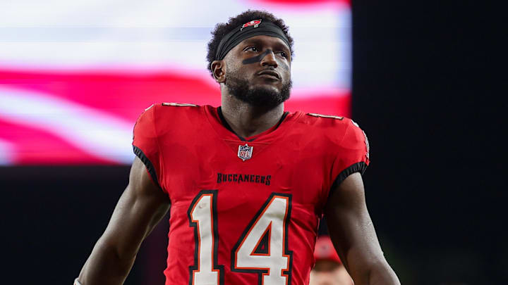Oct 21, 2024; Tampa, Florida, USA; Tampa Bay Buccaneers wide receiver Chris Godwin (14) looks on before a game against theBaltimore Ravens at Raymond James Stadium. Mandatory Credit: Nathan Ray Seebeck-Imagn Images