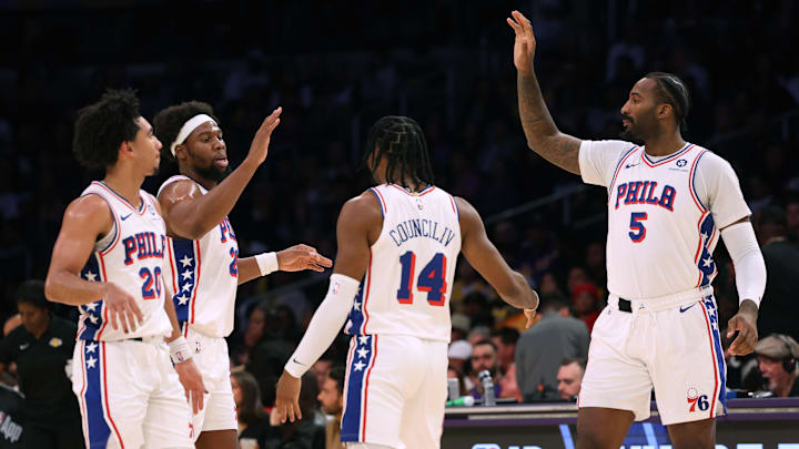 Jared McCain, Guerschon Yabusele, Ricky Council IV, Andre Drummond, Philadelphia 76ers