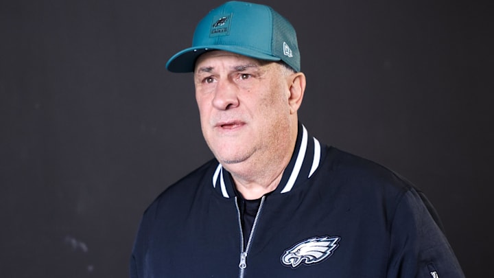 Dec 14, 2025; Philadelphia, Pennsylvania, USA; Philadelphia Eagles defensive coordinator Vic Fangio walks onto the field before the game against the Las Vegas Raiders at Lincoln Financial Field.