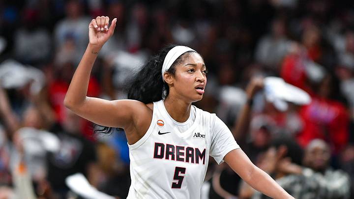 Atlanta Dream forward Angel Reese 5 reacts during a WNBA playoff game against the New York Liberty. Atlanta Dream forward Angel Reese 5 reacts during a WNBA playoff game against the New York Liberty.