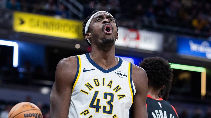 Jan 14, 2026; Indianapolis, Indiana, USA; Indiana Pacers forward Pascal Siakam (43) reacts to a made basket and foul in the second half against the Toronto Raptors at Gainbridge Fieldhouse. Mandatory Credit: Trevor Ruszkowski-Imagn Images