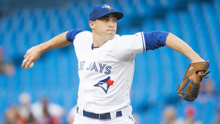 Jul 23, 2019; Toronto, Ontario, CAN; Toronto Blue Jays starting pitcher Aaron Sanchez (41) throws a pitch during the first inning against the Cleveland Indians at Rogers Centre Jul 23, 2019; Toronto, Ontario, CAN; Toronto Blue Jays starting pitcher Aaron Sanchez (41) throws a pitch during the first inning against the Cleveland Indians at Rogers Centre