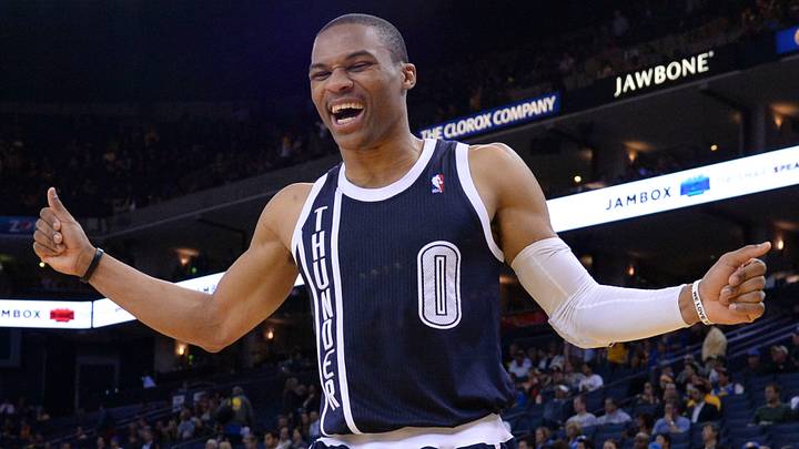 April 11, 2013; Oakland, CA, USA; Oklahoma City Thunder point guard Russell Westbrook (0) celebrates during the fourth quarter against the Golden State Warriors at Oracle Arena. The City Thunder defeated the Warriors 116-97. Mandatory Credit: Kyle Terada-USA TODAY Sports April 11, 2013; Oakland, CA, USA; Oklahoma City Thunder point guard Russell Westbrook (0) celebrates during the fourth quarter against the Golden State Warriors at Oracle Arena. The City Thunder defeated the Warriors 116-97. Mandatory Credit: Kyle Terada-USA TODAY Sports