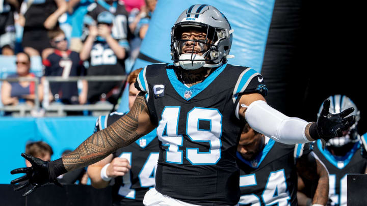Oct 29, 2023; Charlotte, North Carolina, USA; Carolina Panthers linebacker Frankie Luvu (49) runs on to the field at Bank of America Stadium. Mandatory Credit: Bob Donnan-USA TODAY Sports Oct 29, 2023; Charlotte, North Carolina, USA; Carolina Panthers linebacker Frankie Luvu (49) runs on to the field at Bank of America Stadium. Mandatory Credit: Bob Donnan-USA TODAY Sports