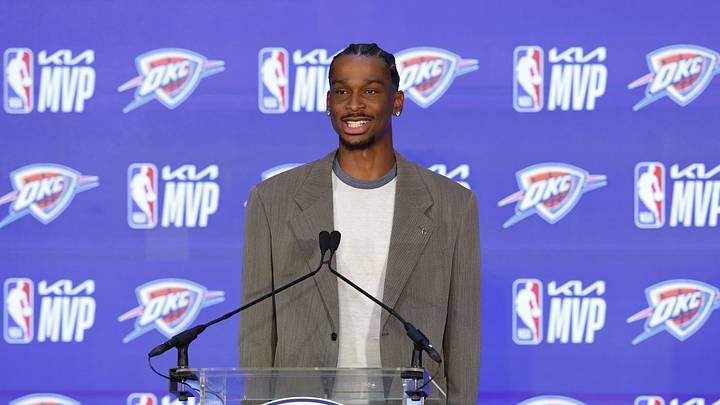 May 17, 2026; Oklahoma City, OK, USA; Oklahoma City Thunder guard Shai Gilgeous-Alexander speaks during a press conference after the announcement he won the 2025-2026 NBA Most Valuable Player award. Mandatory Credit: Alonzo Adams-Imagn Images