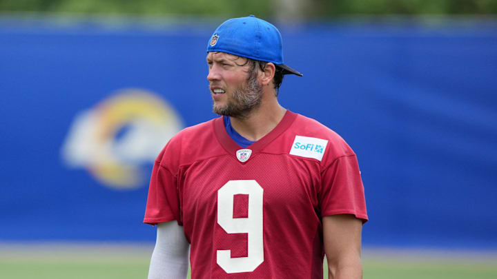 Jun 3, 2025; Woodland Hills, CA, USA; Los Angeles Rams quarterback Matthew Stafford (9) during organized team activities at Rams Practice Facility. Mandatory Credit: Kirby Lee-Imagn Images Jun 3, 2025; Woodland Hills, CA, USA; Los Angeles Rams quarterback Matthew Stafford (9) during organized team activities at Rams Practice Facility. Mandatory Credit: Kirby Lee-Imagn Images