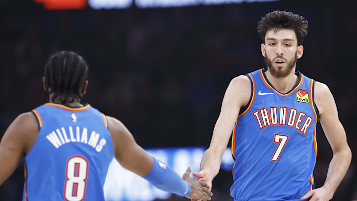 Dec 26, 2023; Oklahoma City, Oklahoma, USA; Oklahoma City Thunder forward Chet Holmgren (7) celebrates with Oklahoma City Thunder forward Jalen Williams (8) after scoring against the Minnesota Timberwolves during the first quarter at Paycom Center. Mandatory Credit: Alonzo Adams-Imagn Images
