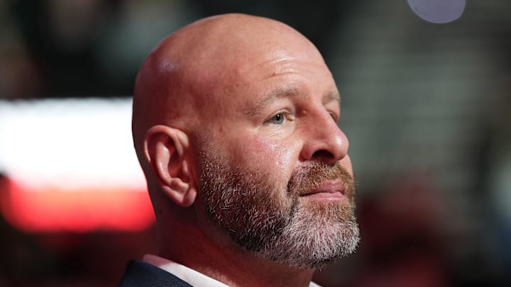 Dec 6, 2024; Portland, Oregon, USA; Portland Trail Blazers general manager Joe Cronin looks on before the game against the Utah Jazz at Moda Center. Mandatory Credit: Soobum Im-Imagn Images