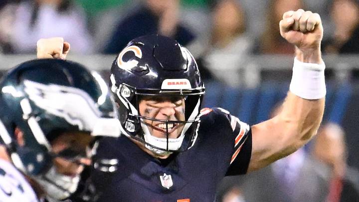 Sep 28, 2026; Chicago, Illinois, USA;  Chicago Bears quarterback Case Keenum (11) reacts after a first down was made by running back D'Andre Swift (not pictured) during the second half against the Philadelphia Eagles at Soldier Field.  Mandatory Credit: Matt Marton-Imagn Images
