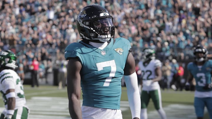 Dec 14, 2025; Jacksonville, Florida, USA; Jacksonville Jaguars wide receiver Brian Thomas Jr. (7) reacts after scoring a touchdown in the first quarter against the New York Jets at EverBank Stadium. Mandatory Credit: Travis Register-Imagn Images
