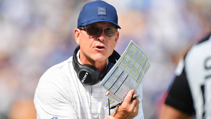 Oct 19, 2025; Inglewood, California, USA; Los Angeles Chargers head coach Jim Harbaugh reacts in the first half against the Indianapolis Colts at SoFi Stadium. Mandatory Credit: Gary A. Vasquez-Imagn Images Oct 19, 2025; Inglewood, California, USA; Los Angeles Chargers head coach Jim Harbaugh reacts in the first half against the Indianapolis Colts at SoFi Stadium. Mandatory Credit: Gary A. Vasquez-Imagn Images
