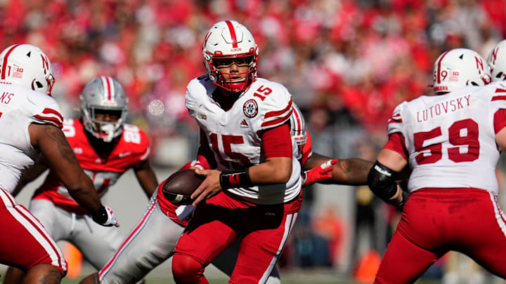 Nebraska quarterback Dylan Raiola looks to hand off during the second half against Ohio State on Saturday, Oct. 26, 2024. Nebraska quarterback Dylan Raiola looks to hand off during the second half against Ohio State on Saturday, Oct. 26, 2024.