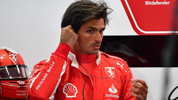 Nov 17, 2023; Las Vegas, Nevada, USA; Scuderia Ferrari driver Carlos Sainz Jr. of Spain (55) before free practice at Las Vegas Strip Circuit. Mandatory Credit: Gary A. Vasquez-USA TODAY Sports