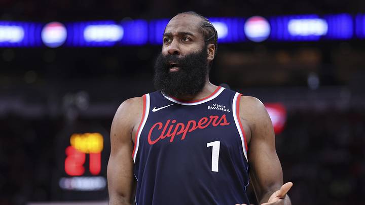 Dec 11, 2025; Houston, Texas, USA; Los Angeles Clippers guard James Harden (1) reacts after a play during the third quarter against the Houston Rockets at Toyota Center. Mandatory Credit: Troy Taormina-Imagn Images