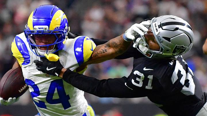 Oct 25, 2026; Paradise, Nevada, USA; Los Angeles Rams running back Blake Corum (24) rushes the ball past Las Vegas Raiders safety Treydan Stukes (31) at Allegiant Stadium. Mandatory Credit: Gary A. Vasquez-Imagn Images Oct 25, 2026; Paradise, Nevada, USA; Los Angeles Rams running back Blake Corum (24) rushes the ball past Las Vegas Raiders safety Treydan Stukes (31) at Allegiant Stadium. Mandatory Credit: Gary A. Vasquez-Imagn Images