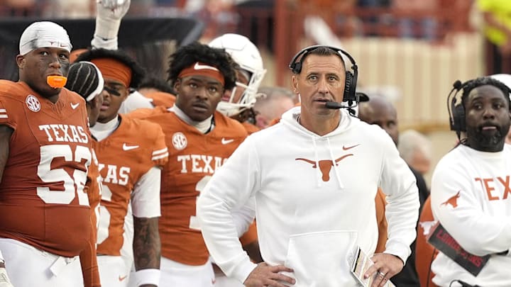 Texas Longhorns head coach Steve Sarkisian observes the second half against the Vanderbilt Commodores at Darrell K Royal-Texas Memorial Stadium.