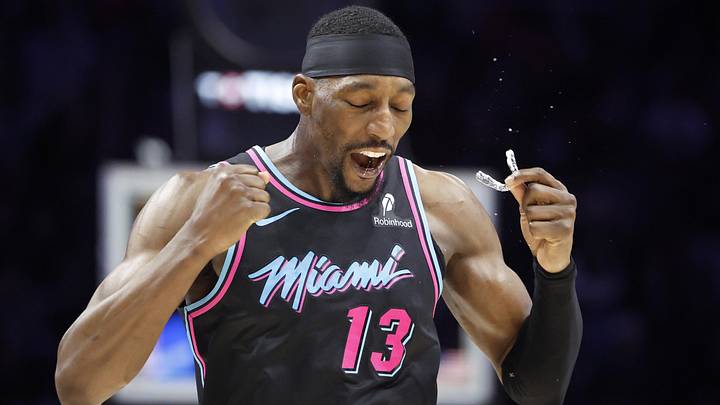 Miami Heat center Bam Adebayo (13) reacts (Mandatory Credit: Rhona Wise-Imagn Images)