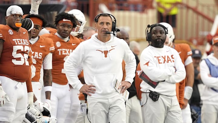 Nov 1, 2025; Austin, Texas, USA; Texas Longhorns head coach Steve Sarkisian observes the second half against the Vanderbilt Commodores at Darrell K Royal-Texas Memorial Stadium. Mandatory Credit: Scott Wachter-Imagn Images