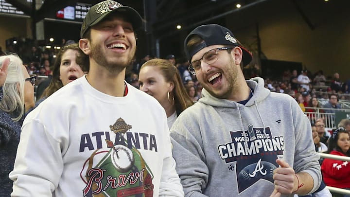Apr 7, 2022; Atlanta, Georgia, USA; Atlanta Braves fans react before the game on Opening Day against the Cincinnati Reds at Truist Park.