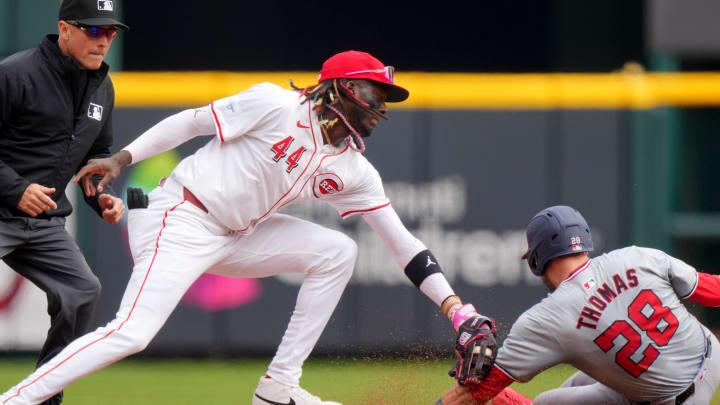Washington Nationals right fielder Lane Thomas (28) steals second base as Cincinnati Reds third