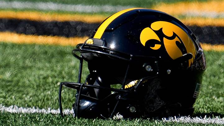 An Iowa Hawkeyes helmet lays on the field before a football game against the Indiana Hoosiers Sept. 27, 2025 at Kinnick Stadium in Iowa City, Iowa.
