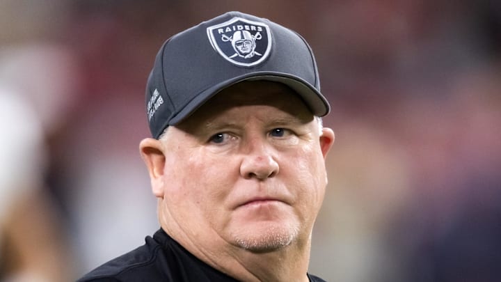 Aug 23, 2025; Glendale, Arizona, USA; Las Vegas Raiders offensive coordinator Chip Kelly against the Arizona Cardinals during a preseason NFL game at State Farm Stadium. Mandatory Credit: Mark J. Rebilas-Imagn Images