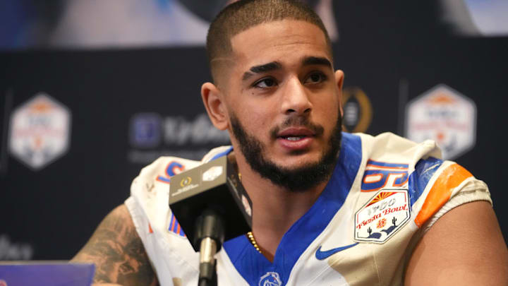 Former Boise State Broncos defensive end Ahmed Hassanein speaks to the media at Arizona Ballroom at Camelback Inn 
