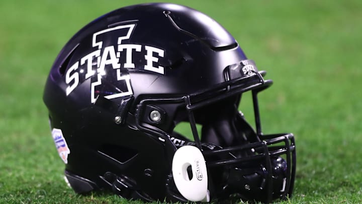 Jan 2, 2021; Glendale, AZ, USA; Detailed view of an Iowa State Cyclones helmet during the Fiesta Bowl at State Farm Stadium. Mandatory Credit: Mark J. Rebilas-Imagn Images