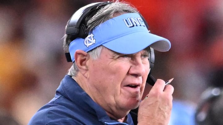 Oct 31, 2025; Syracuse, New York, USA; North Carolina Tar Heels head coach Bill Belichick on the sidelines in the second quarter against the Syracuse Orange at the JMA Wireless Dome. Mandatory Credit: Mark Konezny-Imagn Images
