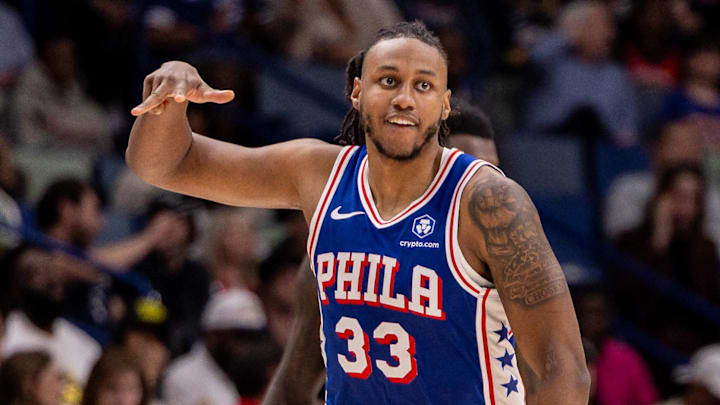 Feb 21, 2026; New Orleans, Louisiana, USA;  Philadelphia 76ers forward Jabari Walker (33) reacts to making a three point basket against the New Orleans Pelicans during the second half at Smoothie King Center. Mandatory Credit: Stephen Lew-Imagn Images
