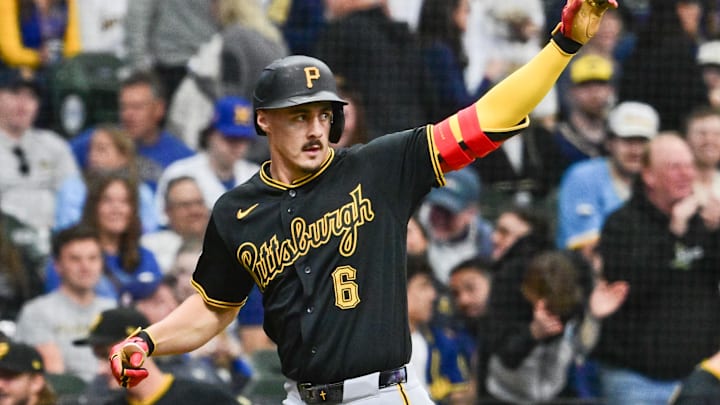 Apr 24, 2026; Milwaukee, Wisconsin, USA;  Pittsburgh Pirates shortstop Konnor Griffin (6) reacts after hitting a solo home run in the third inning against the Milwaukee Brewers at American Family Field. Mandatory Credit: Benny Sieu-Imagn Images