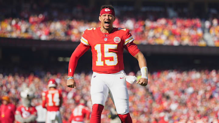 Nov 23, 2025; Kansas City, Missouri, USA; Kansas City Chiefs quarterback Patrick Mahomes (15) reacts before the game against the Indianapolis Colts at GEHA Field at Arrowhead Stadium. Mandatory Credit: Jay Biggerstaff-Imagn Images