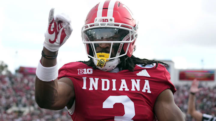 Indiana Hoosiers WR Omar Cooper Jr. celebrates after catching a 1-yard touchdown pass against the Alabama Crimson Tide.