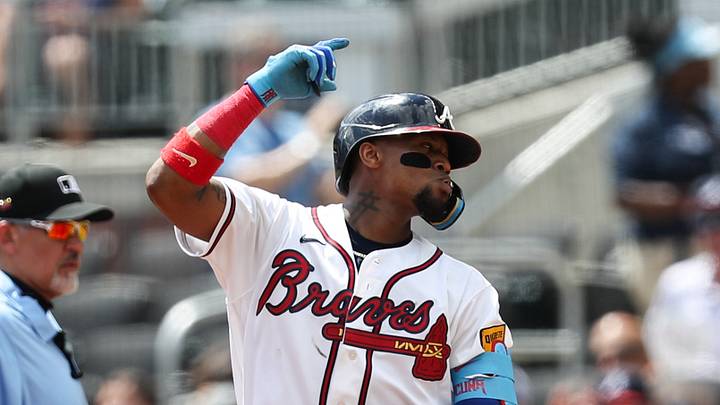 Aug 30, 2026; Cumberland, Georgia, USA;  Atlanta Braves right fielder Ronald Acuna Jr. (13) reacts to his single against the Colorado Rockies during the third inning at Truist Park.  Mandatory Credit: Mady Mertens-Imagn Images