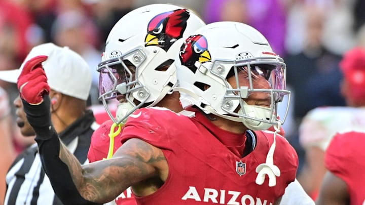 Jan 5, 2025; Glendale, Arizona, USA; Arizona Cardinals cornerback Sean Murphy-Bunting (23) reacts in the first half against the San Francisco 49ers at State Farm Stadium. Mandatory Credit: Matt Kartozian-Imagn Images