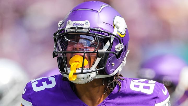 Aug 10, 2024; Minneapolis, Minnesota, USA; Minnesota Vikings wide receiver Jalen Nailor (83) celebrates a catch against the Las Vegas Raiders in the first quarter at U.S. Bank Stadium. Mandatory Credit: Brad Rempel-Imagn Images