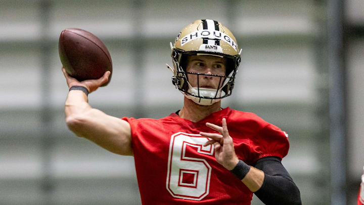 New Orleans Saints quarterback Tyler Shough throws a pass during rookie minicamp.