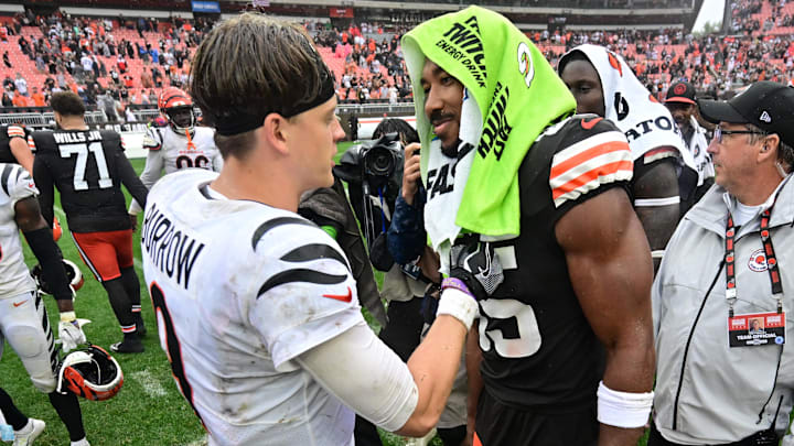 Sep 10, 2023; Cleveland, Ohio, USA; Cincinnati Bengals quarterback Joe Burrow (9) talks to Cleveland Browns defensive end Myles Garrett (95) after the game at Cleveland Browns Stadium. Mandatory Credit: Ken Blaze-Imagn Images
