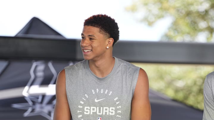 Jun 28, 2025; San Antonio, TX, USA; San Antonio first round draft picks Carter Bryant (left) and Dylan Harper answer questions during the Spurs Family Cookout at Victory Capital Performance Center. Mandatory Credit: Scott Wachter-Imagn Images Jun 28, 2025; San Antonio, TX, USA; San Antonio first round draft picks Carter Bryant (left) and Dylan Harper answer questions during the Spurs Family Cookout at Victory Capital Performance Center. Mandatory Credit: Scott Wachter-Imagn Images