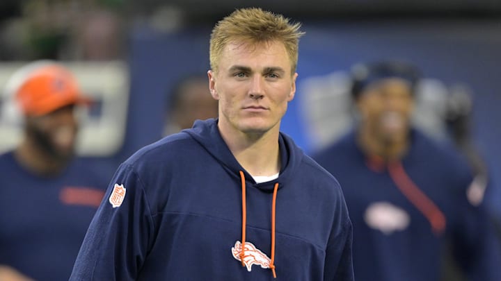Dec 19, 2024; Inglewood, California, USA;  Denver Broncos quarterback Bo Nix (10) warms up prior to the game against the Los Angeles Chargers at SoFi Stadium.