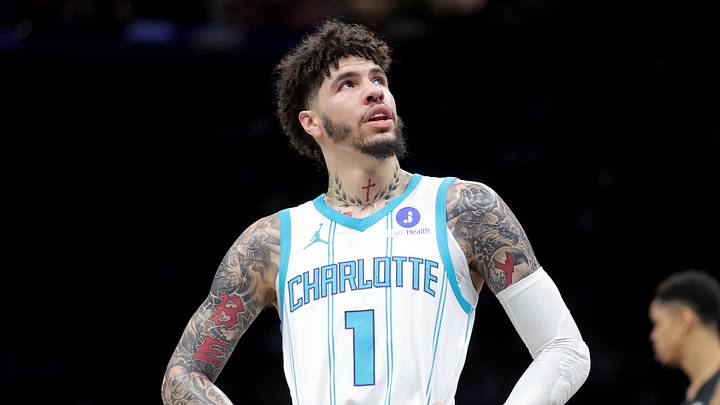 Mar 31, 2026; Brooklyn, New York, USA; Charlotte Hornets guard LaMelo Ball (1) reacts during the first quarter against the Brooklyn Nets at Barclays Center. Mandatory Credit: Brad Penner-Imagn Images