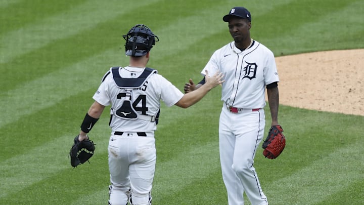 Aug 20, 2025; Detroit, Michigan, USA; Detroit Tigers pitcher Rafael Montero (99) and Detroit Tigers catcher Jake Rogers (34) celebrate after defeating the Houston Astros at Comerica Park. Mandatory Credit: Rick Osentoski-Imagn Images Aug 20, 2025; Detroit, Michigan, USA; Detroit Tigers pitcher Rafael Montero (99) and Detroit Tigers catcher Jake Rogers (34) celebrate after defeating the Houston Astros at Comerica Park. Mandatory Credit: Rick Osentoski-Imagn Images