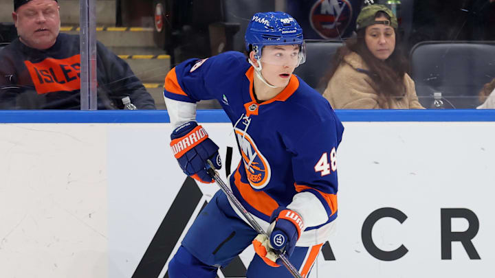 Nov 7, 2025; Elmont, New York, USA; New York Islanders defenseman Matthew Schaefer (48) skates with the puck against the Minnesota Wild during the third period at UBS Arena. Mandatory Credit: Brad Penner-Imagn Images Nov 7, 2025; Elmont, New York, USA; New York Islanders defenseman Matthew Schaefer (48) skates with the puck against the Minnesota Wild during the third period at UBS Arena. Mandatory Credit: Brad Penner-Imagn Images