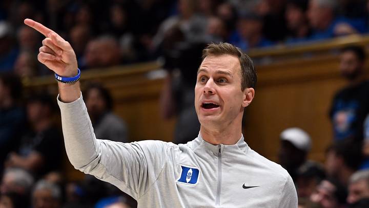 Feb 12, 2025; Durham, North Carolina, USA; Duke Blue Devils head coach Jon Scheyer directs his team during the second half against the California Golden Bears at Cameron Indoor Stadium. Mandatory Credit: Rob Kinnan-Imagn Images