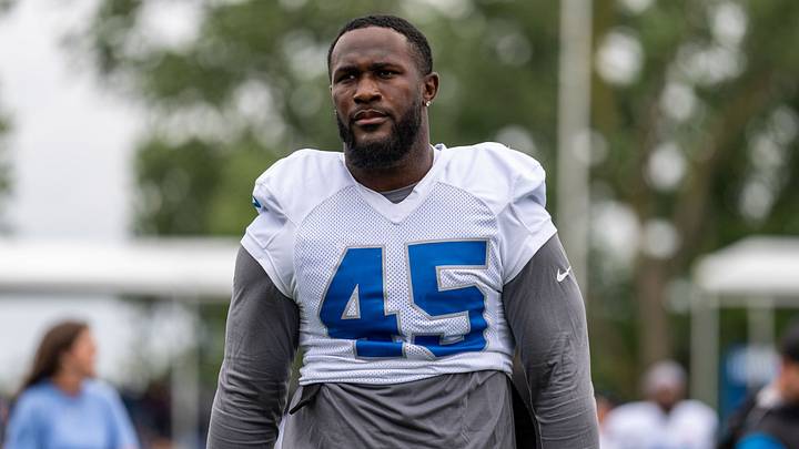 Aug 2, 2026; Allen Park, MI, USA; Detroit Lions linebacker Devin White (45) looks on during Detroit Lions training camp at Meijer Performance Center. Mandatory Credit: Paul Barnick-Imagn Images