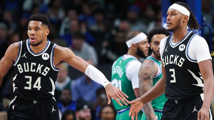 Nov 10, 2025; Dallas, Texas, USA;  Milwaukee Bucks forward Giannis Antetokounmpo (34) celebrates with Milwaukee Bucks center Myles Turner (3) during the third quarter against the Dallas Mavericks  at American Airlines Center. Mandatory Credit: Kevin Jairaj-Imagn Images