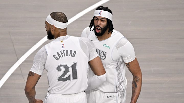 Feb 8, 2025; Dallas, Texas, USA; Dallas Mavericks forward Anthony Davis (3) and center Daniel Gafford (21) celebrates after Davis dunks the ball during the game between the Dallas Mavericks and the Houston Rockets at the American Airlines Center. Mandatory Credit: Jerome Miron-Imagn Images